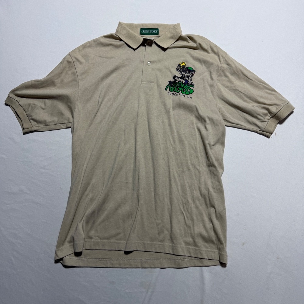 Vintage Outer Banks Brews Angels Stockton CA Polo Shirt Mens Large Khaki 90s